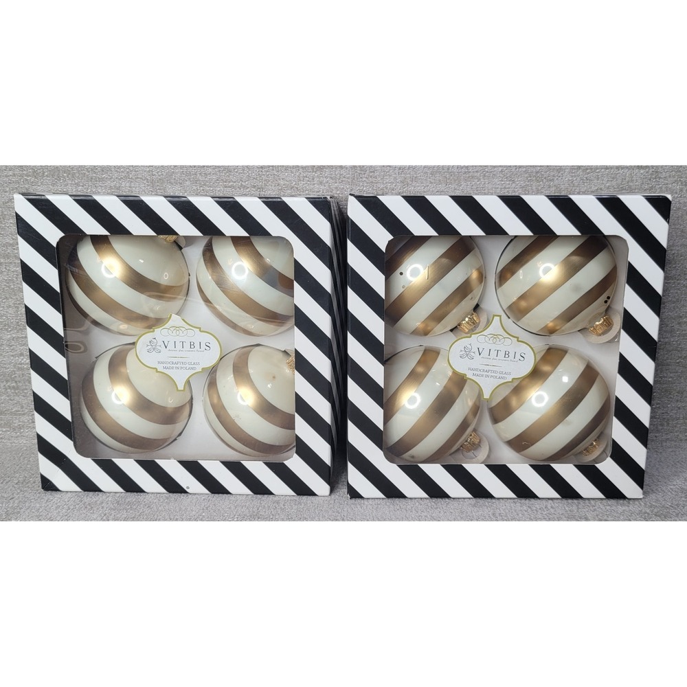 Vitbis‎ Set of 8 Christmas Ornaments White & Gold Stripes Handcrafted Poland